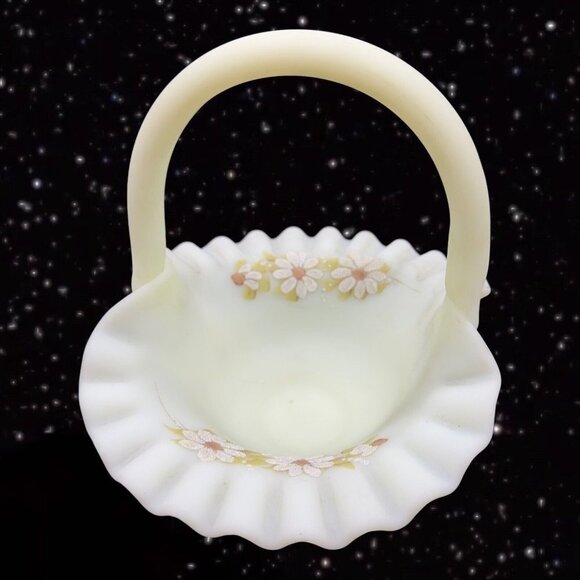 Fenton Basket Custard Uranium Glass Satin Textured Ruffled Signed J Brown Floral - Picture 9 of 14